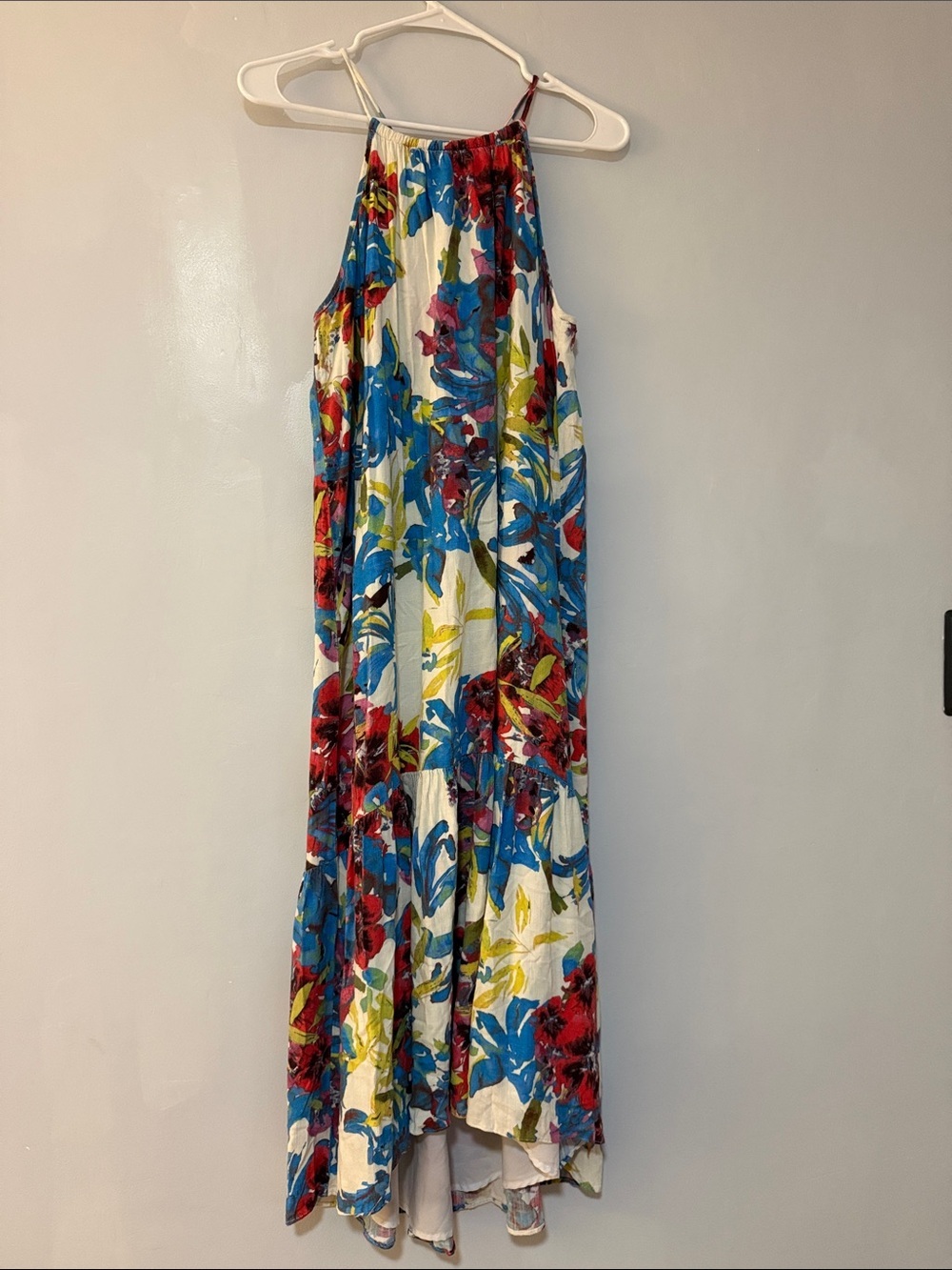 RACHEL Rachel Roy White High-Low Halter Maxi Dress with Blue & Red Floral Print